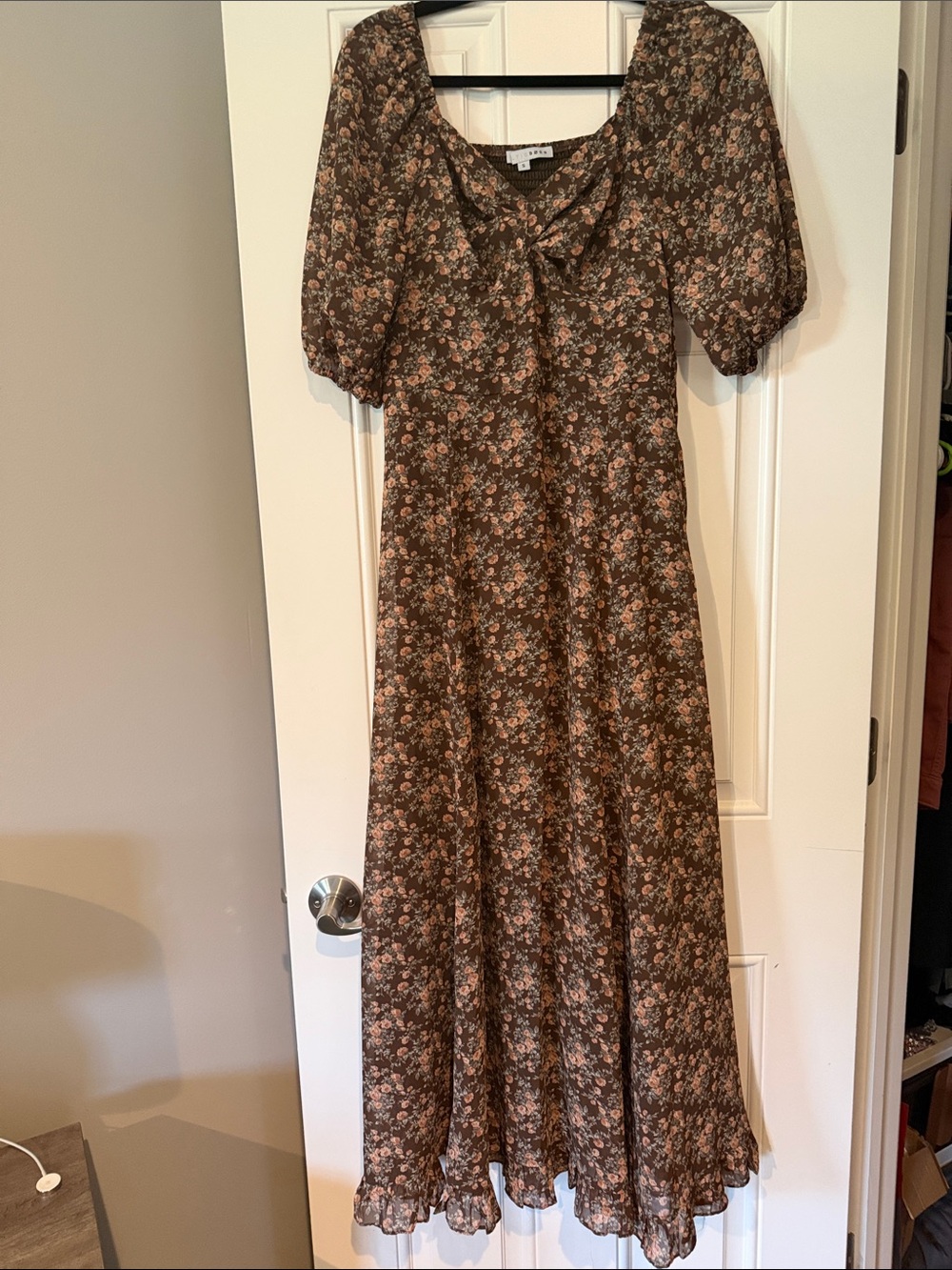 Brown Floral Puff-Sleeve Maxi Dress Baltic Born Size Small
